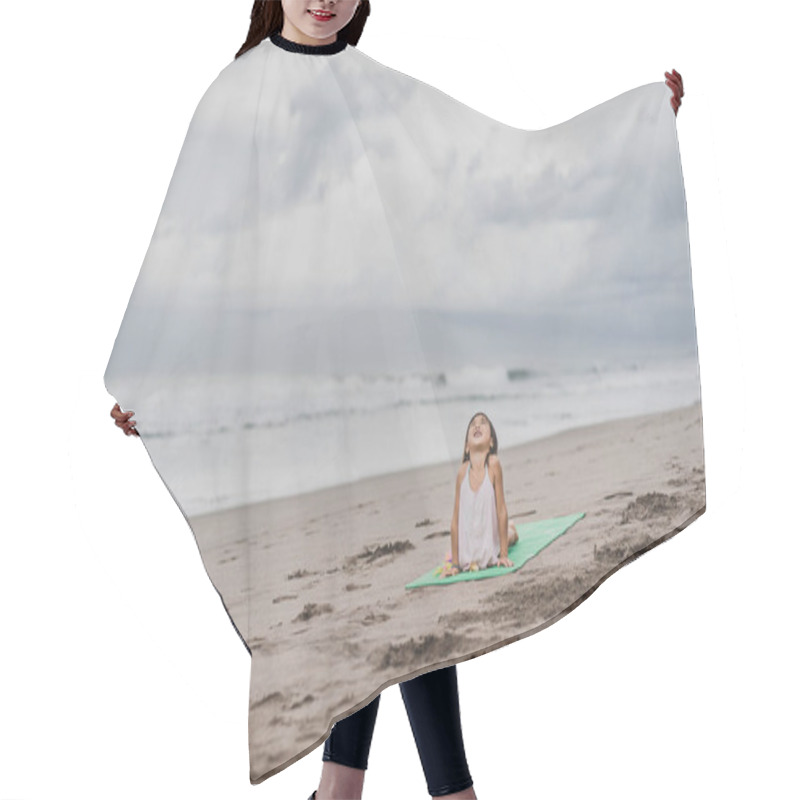 Personality  Happy Little Child Practicing Yoga In Upward-Facing Dog (Urdhva Mukha Svanasana) Pose On Seashore Hair Cutting Cape