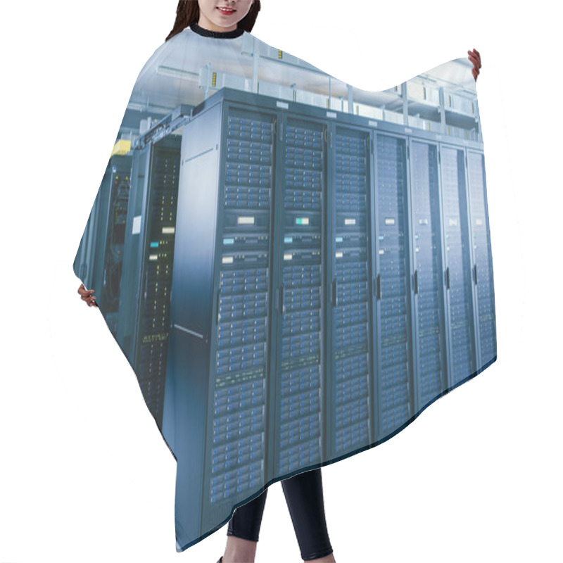 Personality  Shot Of Data Center With Multiple Rows Of Fully Operational Server Racks. Modern Telecommunications, Cloud Computing, Artificial Intelligence, Database, Supercomputer Technology Concept. Hair Cutting Cape