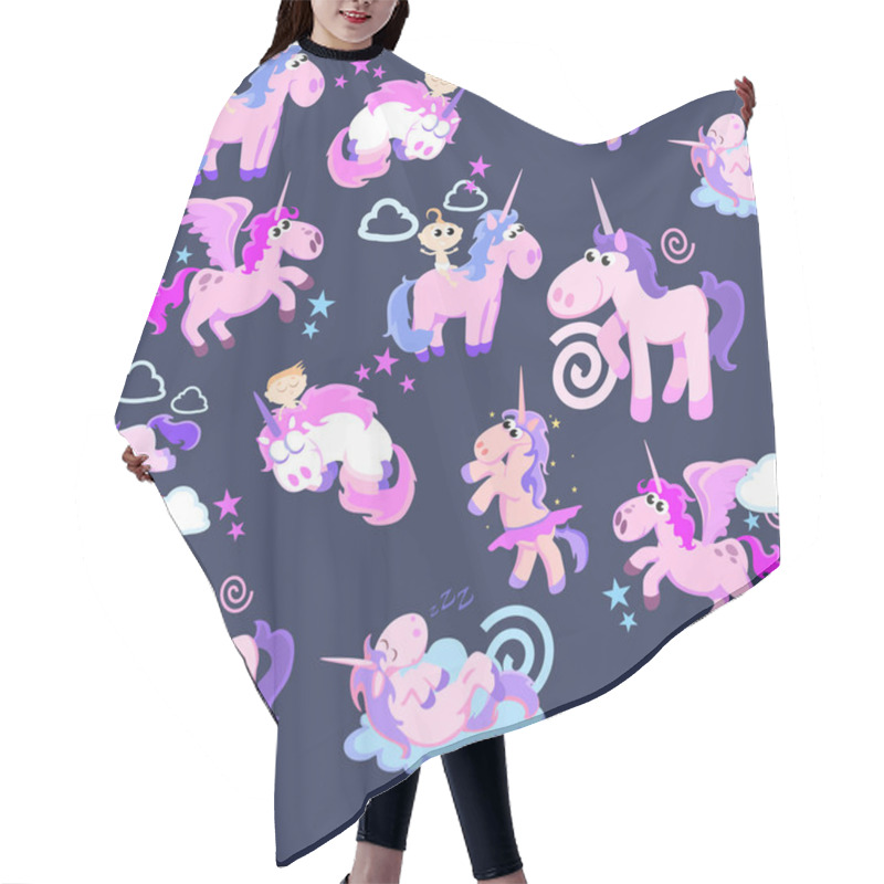 Personality  Cute Unicorn Seamless Pattern, Magic Pegasus Flying With Wing And Horn On Rainbow, Fantasy Horse Vector Illustration, Myth Creature Dreaming Background. Hair Cutting Cape