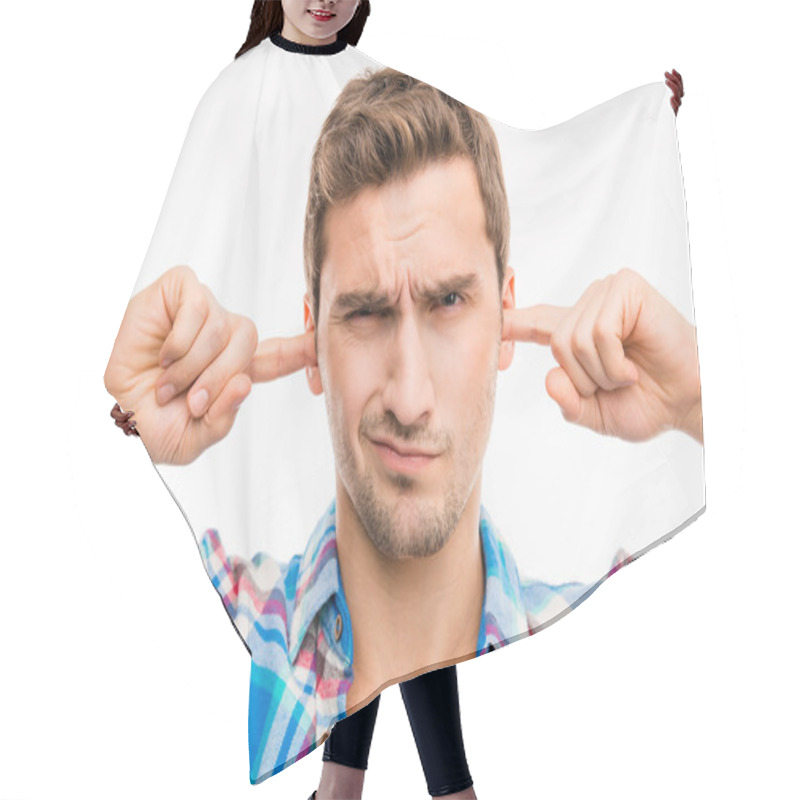 Personality  Young Man Covering His Ears Ignoring Noise Hair Cutting Cape