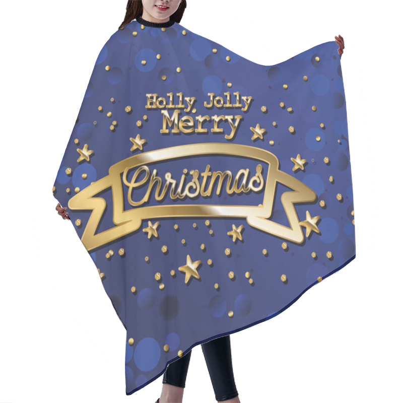 Personality  Holly Jolly Merry Christmas In Gold Lettering On Ribbon And Blue Background Hair Cutting Cape