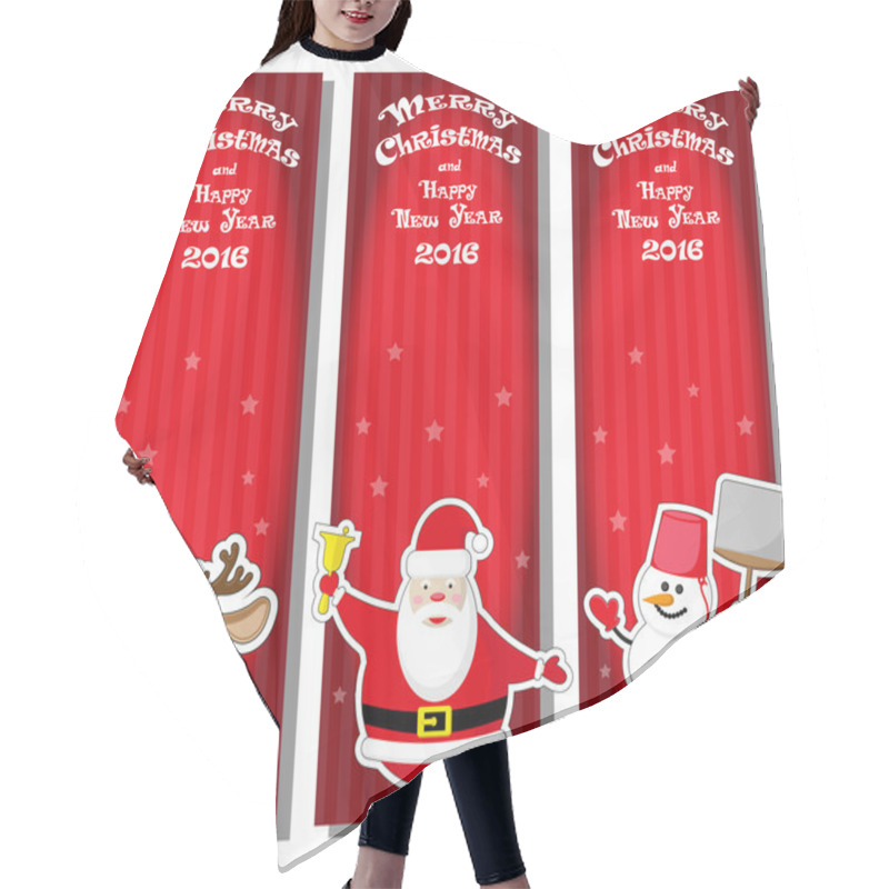 Personality  Set Vector Christmas Banner With Santa Claus, Snowman, Deer And Hand Drawn Text Merry Christmas And Happy New Year 2016 On Red Gradient Striped Background Hair Cutting Cape