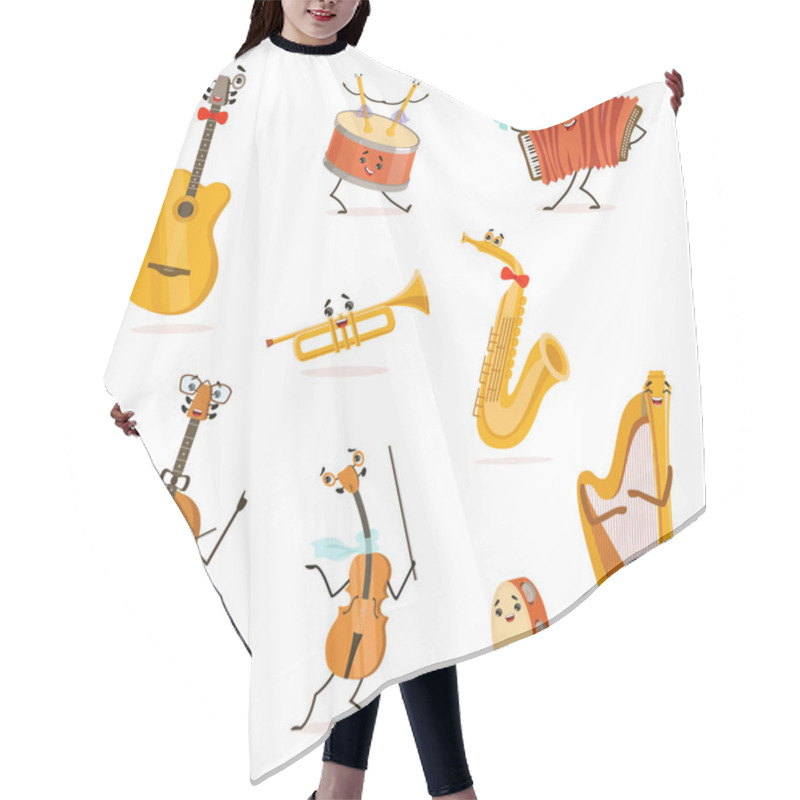 Personality  Funny Musical Instruments Cartoon Characters With Funny Faces Set, Cello, Saxophone, Trumpet, Accordion, Guitar, Tambourine, Violin, Drum, Harp, Violoncello Vector Illustration Hair Cutting Cape