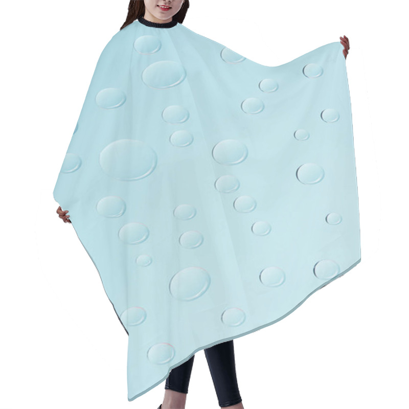 Personality  Close-up View Of Transparent Water Drops On Light Blue Background Hair Cutting Cape