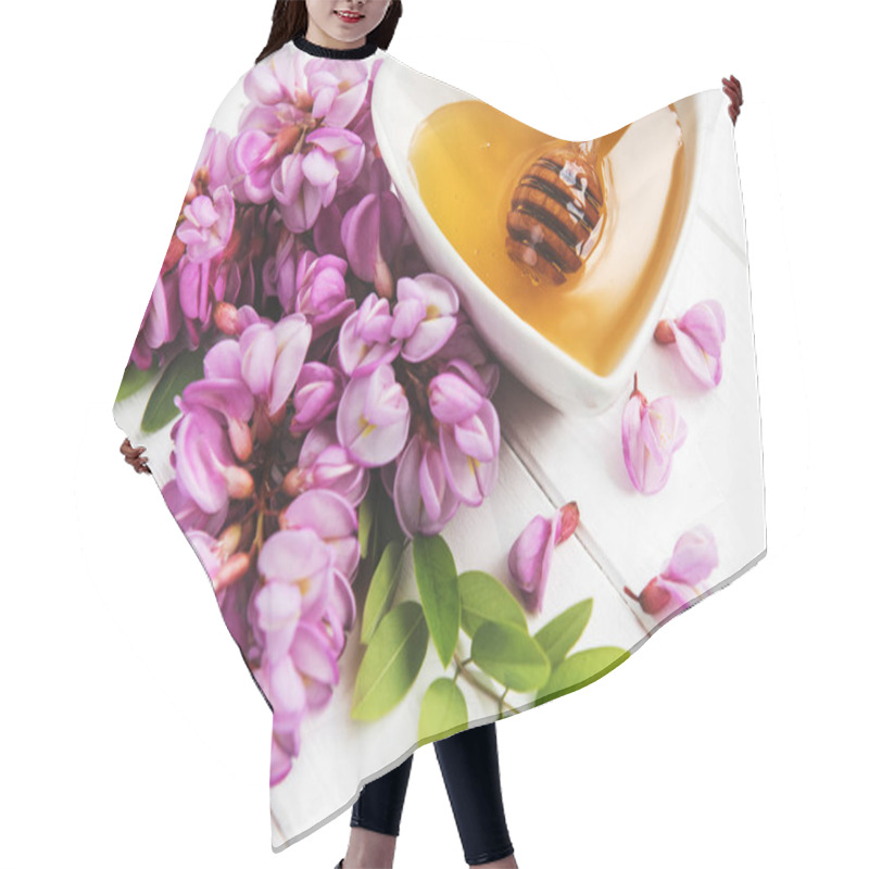 Personality  Honey With Acacia Blossoms On A Wooden Background Hair Cutting Cape