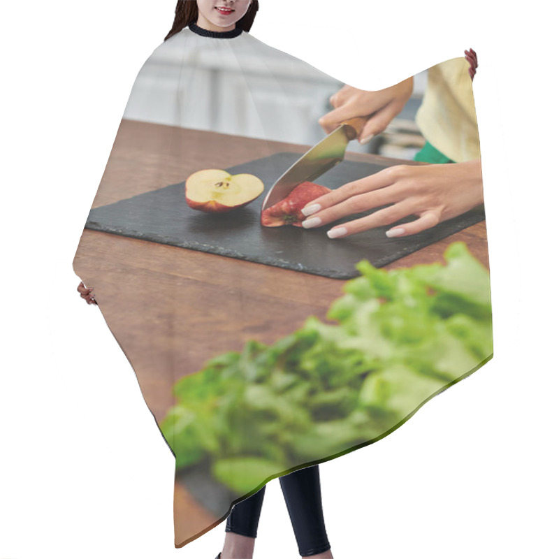 Personality  Cropped View Of Woman Cutting Apple Near Fresh Lettuce On Worktop In Kitchen, Plant-focused Diet Hair Cutting Cape