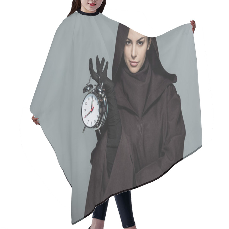 Personality  Woman In Death Costume Holding Alarm Clock Isolated On Grey Hair Cutting Cape