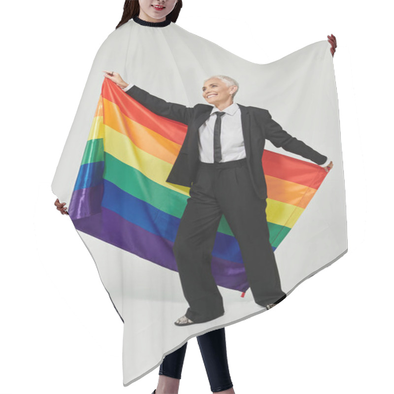 Personality  Embracing Pride And Joy While Holding A Vibrant Rainbow Flag. Hair Cutting Cape