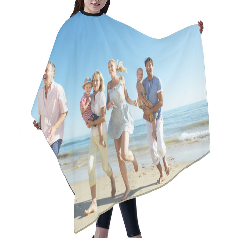 Personality  Multi Generation Family Enjoying Beach Holiday Hair Cutting Cape