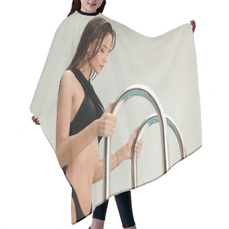 Personality  Attractive Woman With Tattoo Standing In Swimwear And Holding A Handrail In A Swimming Pool Hair Cutting Cape