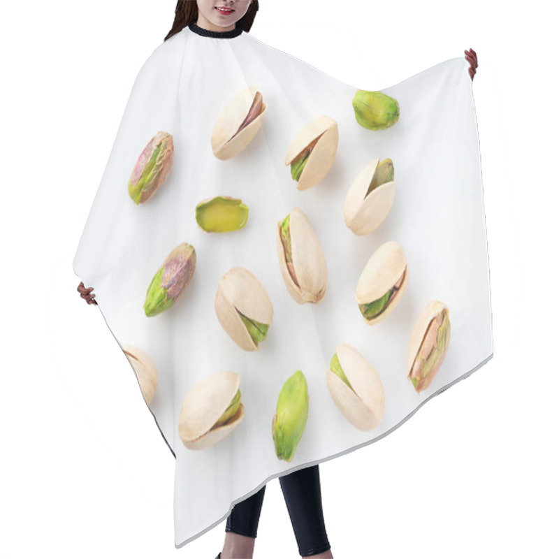 Personality  A Bird's-eye View Of Pistachios On A White Background Hair Cutting Cape