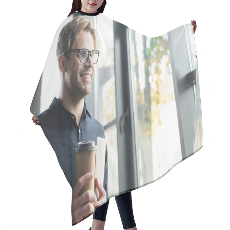 Personality  Happy Programmer With Coffee To Go And Paper Folder Standing Near Flip Chart In Office  Hair Cutting Cape