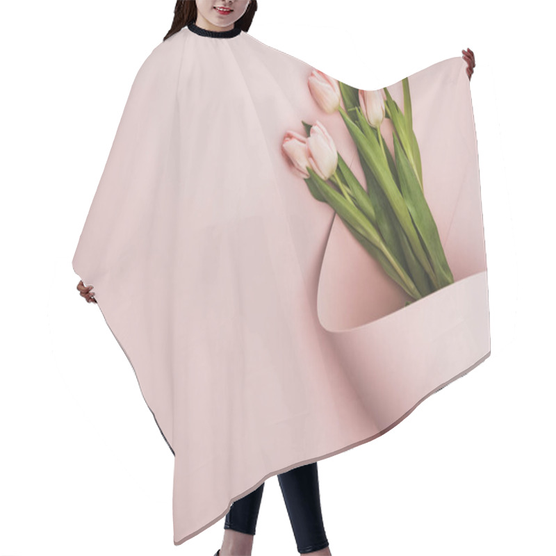 Personality  Top View Of Tulip Bouquet Wrapped In Paper Swirl On Pink Background Hair Cutting Cape