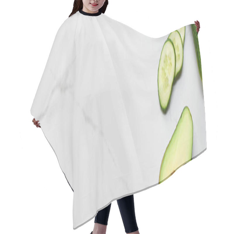 Personality  Panoramic Shot Of Half Of Avocado And Cucumber Slices On Marble Surface Hair Cutting Cape