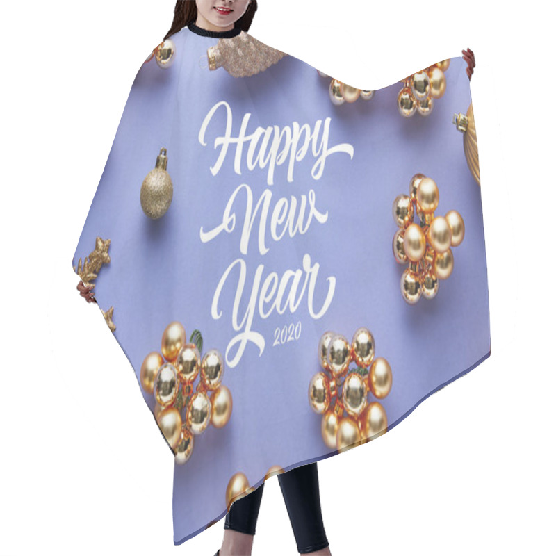 Personality  Top View Of Shiny Golden Christmas Decoration On Blue Background With Happy New Year Lettering Hair Cutting Cape