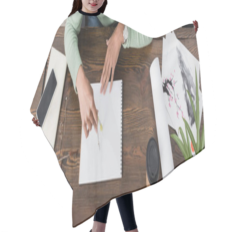 Personality  Partial View Of African American Architect Working With Divider And Sketchbook At Home, Banner Hair Cutting Cape