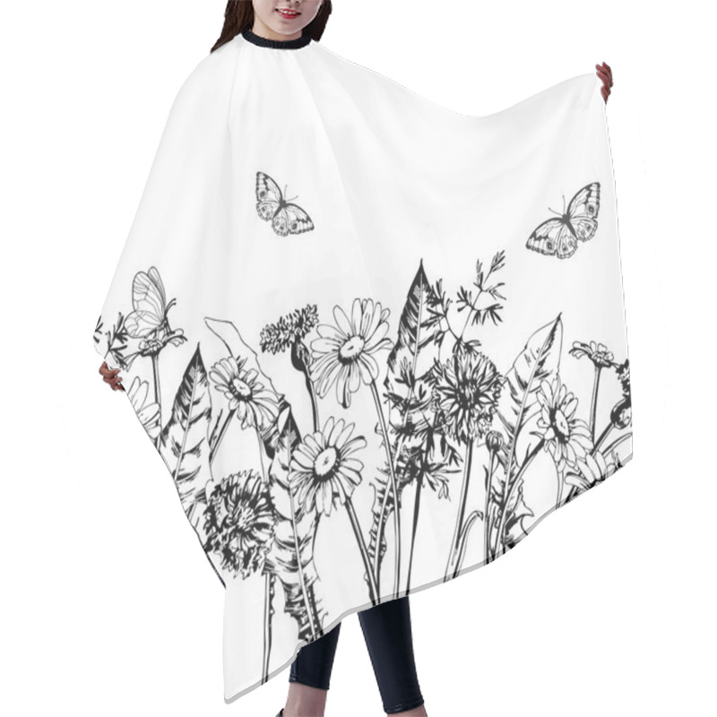 Personality  Summer Background With Blooming Wild Flowers, Daisies, Cornflowers, Grass, With Butterflies. Template Vector. Hair Cutting Cape