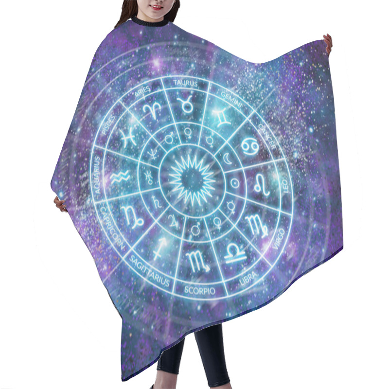 Personality  Zodiac Circle On The Background Of The Dark Cosmos. Astrology. The Science Of Stars And Planets. Secret Esoteric Science Hair Cutting Cape