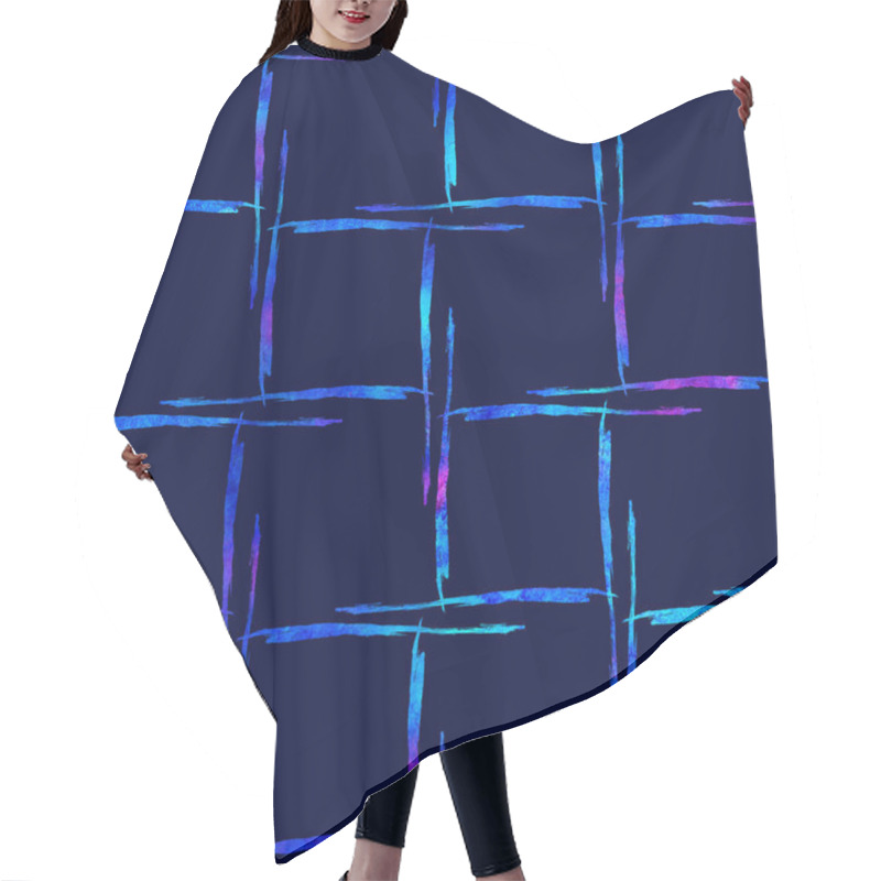 Personality  Watercolor Brush Plaid Seamless Pattern Hand Painted Check Grange Geometric Design In Blue Color. Modern Strokes And Stripes Hair Cutting Cape