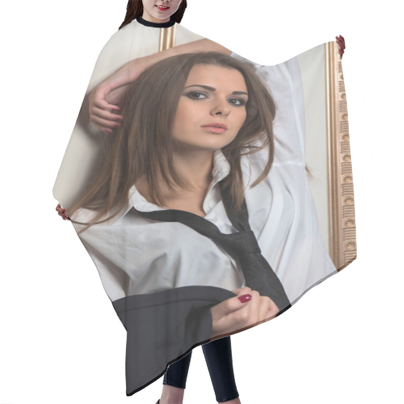 Personality  Closeup Portrait Of Young Sexy Woman Hair Cutting Cape