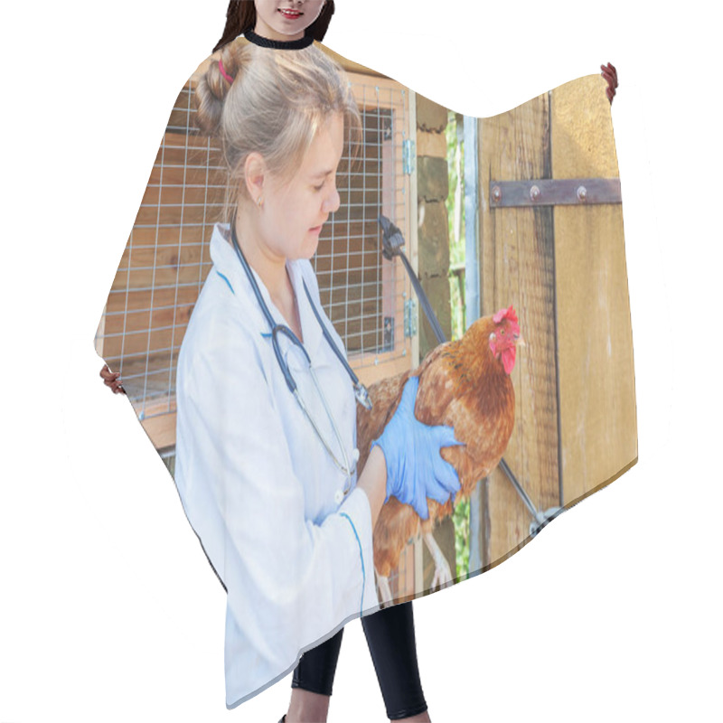 Personality  Happy Young Veterinarian Woman With Stethoscope Holding And Examining Chicken On Ranch Background. Hen In Vet Hands For Check Up In Natural Eco Farm. Animal Care And Ecological Farming Concept Hair Cutting Cape