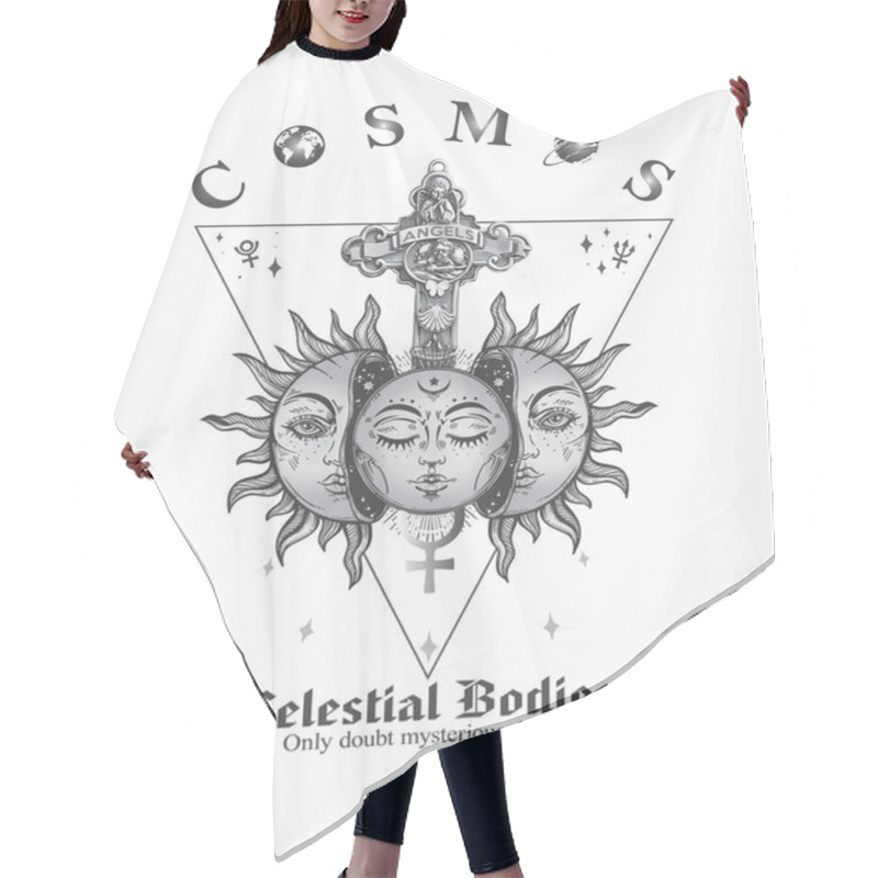 Personality  Mystic Pattern With Sun And Angel Cross Cosmos Background. Space And Abstract Astrology Magic Sky, Vector. Celestial Bodies Design Hair Cutting Cape