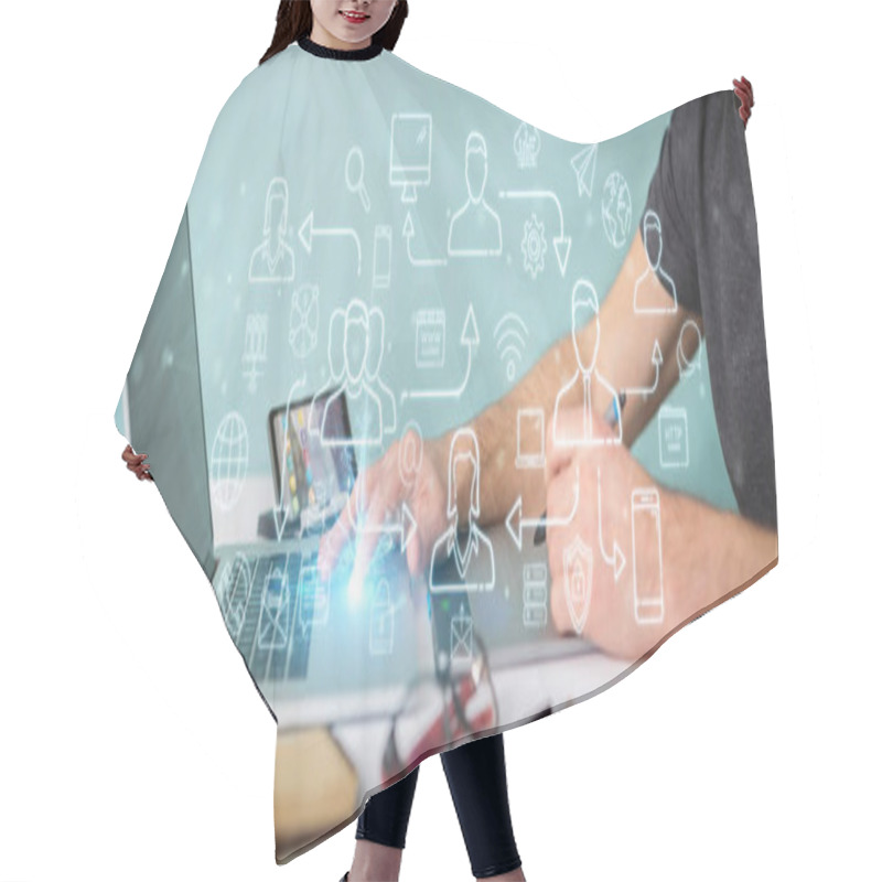 Personality  Graphic Designer On Blurred Background Using Thin Line Social Network Icons Interface Hair Cutting Cape