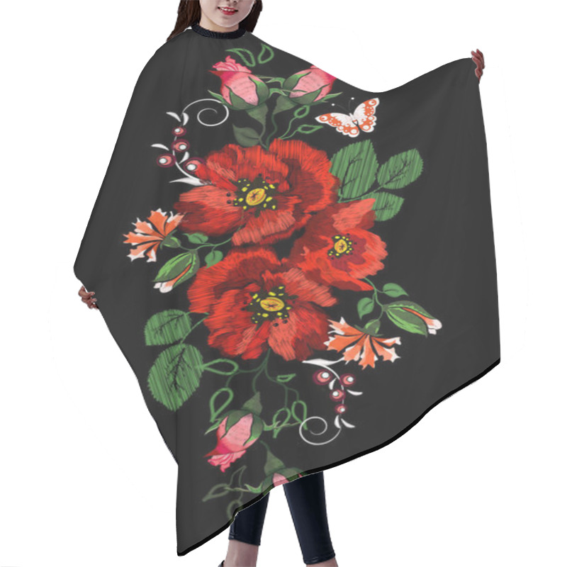 Personality  Embroidered Folk Ornament Of Orange Roses, Butterfly And Other Wildflowers Hair Cutting Cape