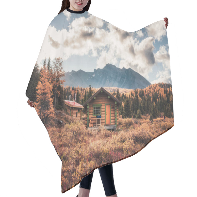 Personality  Wooden Huts With Rocky Mountains In Autumn Forest At Assiniboine Provincial Park, BC, Canada Hair Cutting Cape