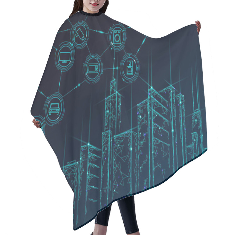 Personality  Internet Of Things Low Poly Smart City 3D Wire Mesh. Intelligent Building Automation IOT Concept. Modern Wireless Online Control Icon Urban Cityscape Technology Banner Vector Illustration Hair Cutting Cape