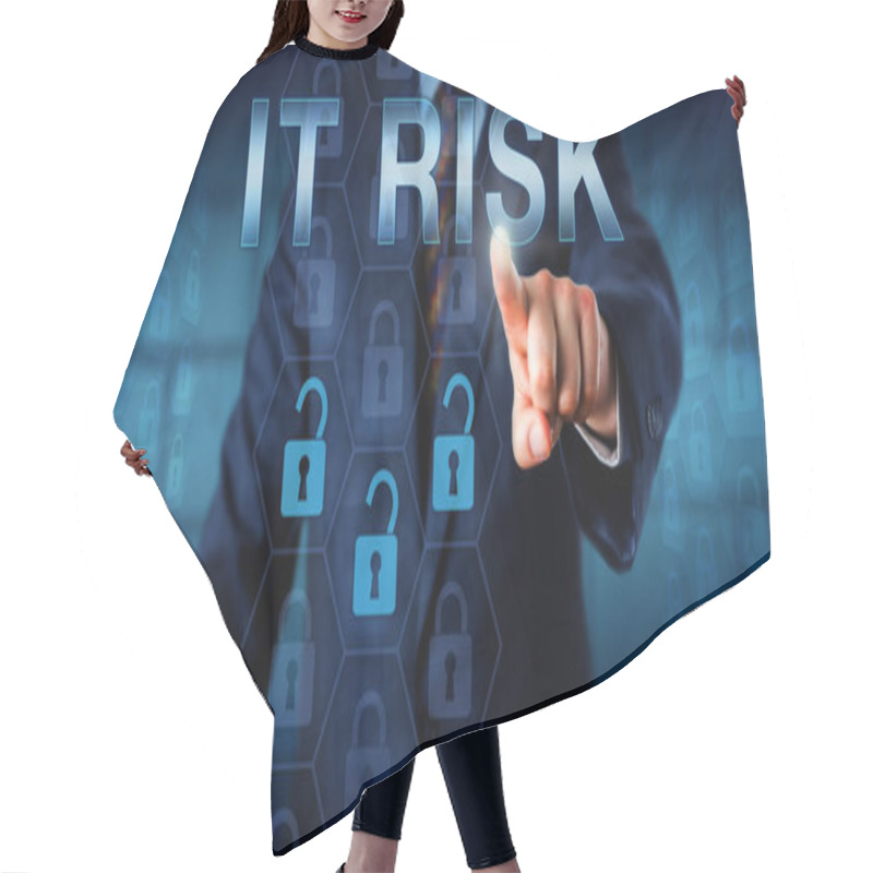 Personality  IT Manager Pressing IT RISK On A Touch Screen. Three Unlocked Lock Icons Embedded In A Hexagonal Virtual Security Structure Do Light Up To Represent A Possible Threat Or Exploit Of Vulnerabilities. Hair Cutting Cape