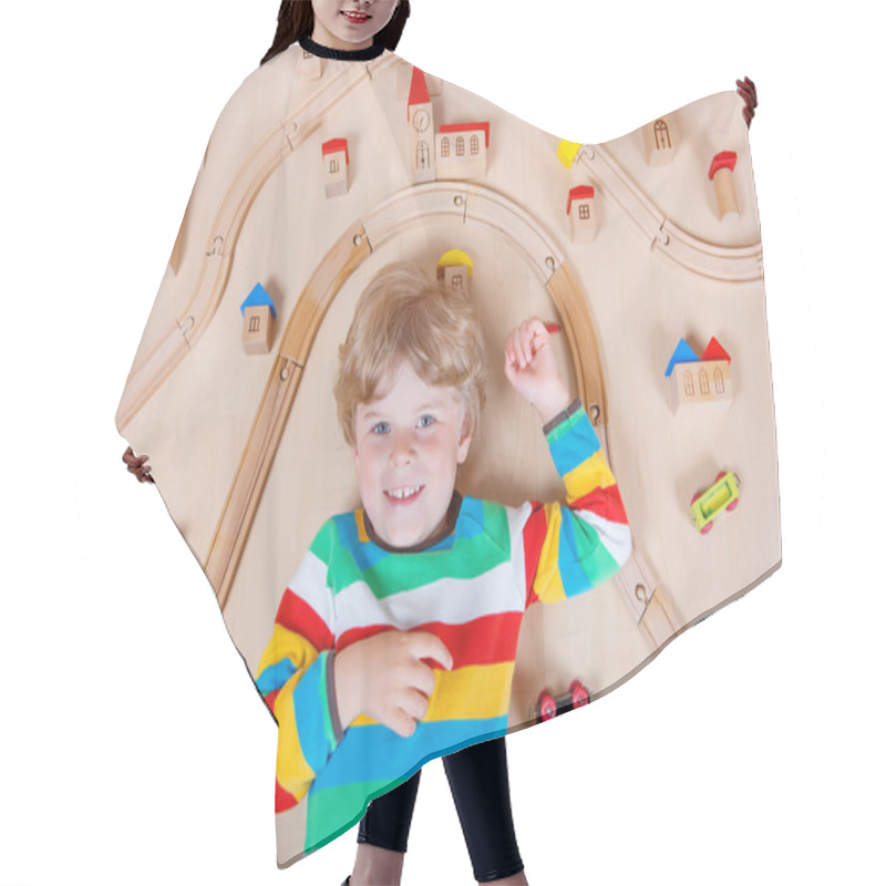 Personality  Little Blond Child Playing With Wooden Railroad Trains Indoor Hair Cutting Cape