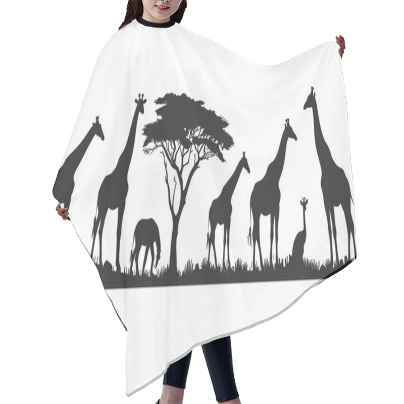 Personality  Silhouette Of Majestic Giraffes And A Tree Against A White Background, Showcasing Their Iconic Stature And Grace. Hair Cutting Cape