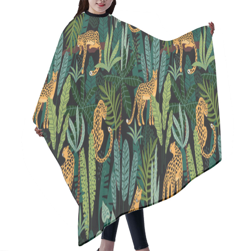 Personality  Vestor Seamless Pattern With Leopards And Tropical Leaves. Hair Cutting Cape