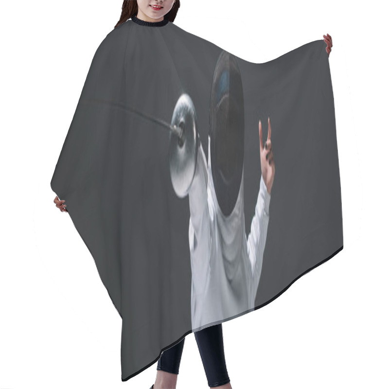 Personality  Panoramic Orientation Of Fencer Training With Rapier Isolated On Black  Hair Cutting Cape