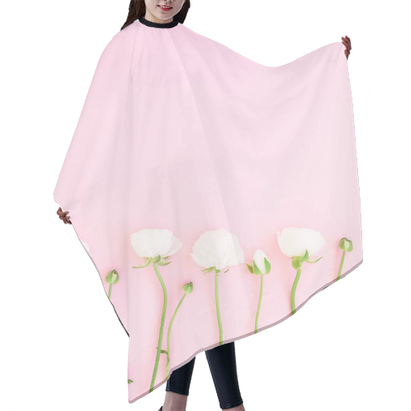 Personality  Floral Composition Made From White Flowers On Pink Background. Flat Lay, Top View. Valentines Day Background Hair Cutting Cape