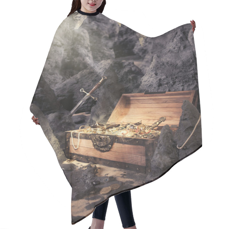 Personality  Open Treasure Chest With Bright Gold In A Cave Hair Cutting Cape