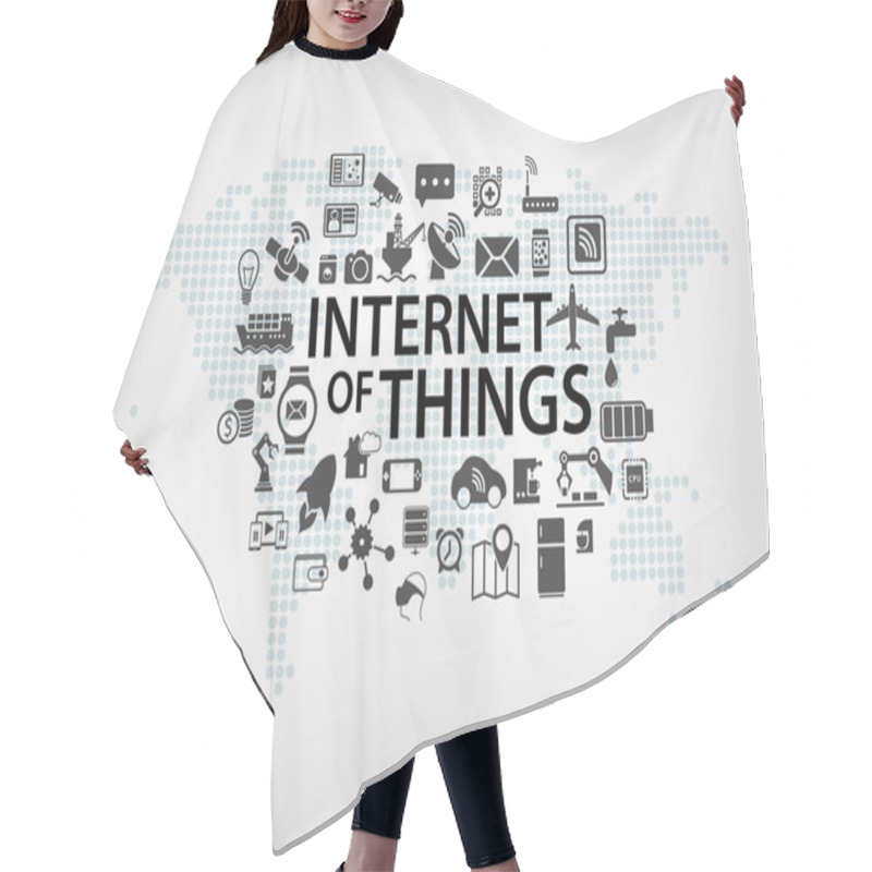 Personality  Internet Of Things (IOT) Concept With World Map And Connected Devices As Vector Illustration With Various Icons Of Objects Hair Cutting Cape