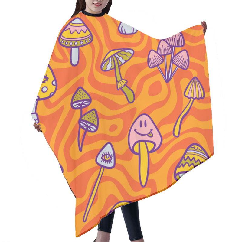 Personality  Vector Teenage Seamless 70s Retro Mushroom Pattern Hippie Style For Textile Design, Fabric Or Wallpaper Hair Cutting Cape