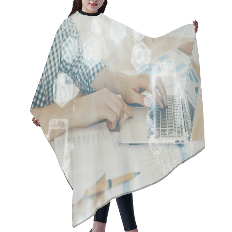 Personality  Technology Theme Hologram With Man Working On Computer On Background. High Tech Concept. Double Exposure. Hair Cutting Cape