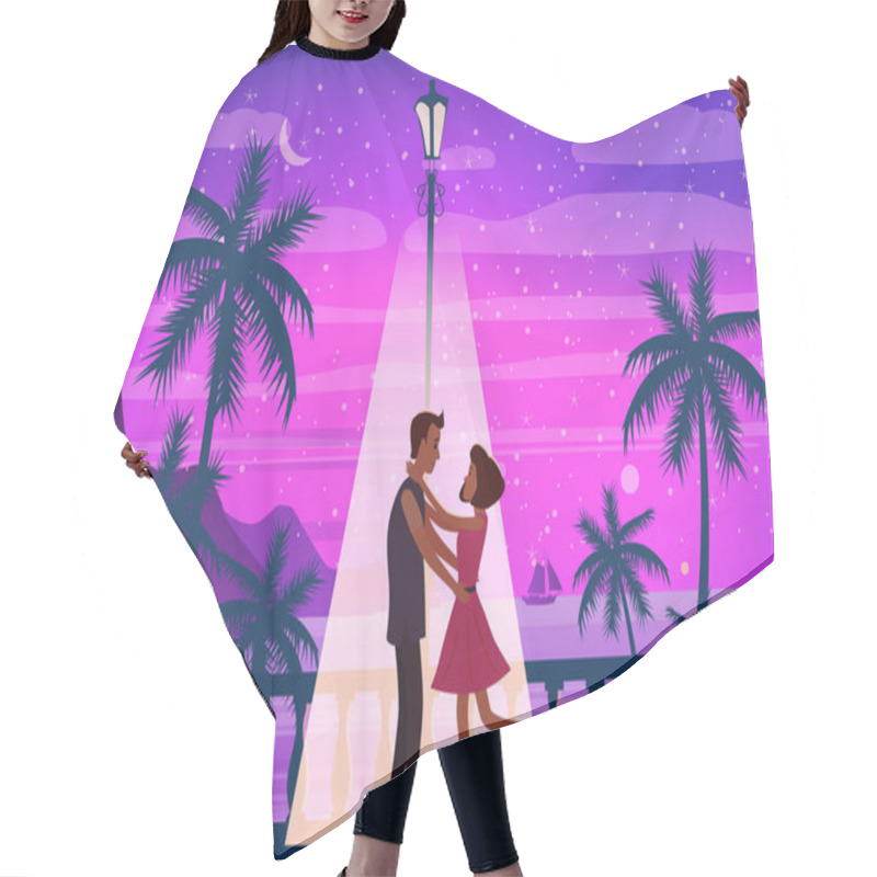 Personality  Sunset Ocean, Sea, Palm Trees, Mountains, Embankment, The Setting Sun, Seascape. Meeting A Couple In Love, Romance, Love. Mood Of Color. Vector, Isolated, Cartoon Style Hair Cutting Cape