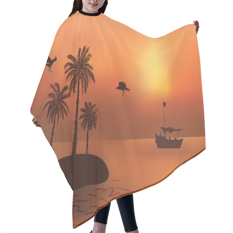 Personality  Tropical Island With Palm Trees At Sunset. The Fishermen's Boat  Hair Cutting Cape