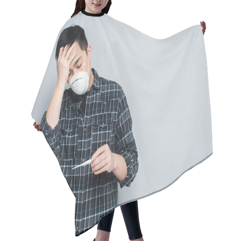 Personality  Young Asian Man In Respirator Mask Looking At Thermometer And Touching Forehead On Grey Background Hair Cutting Cape