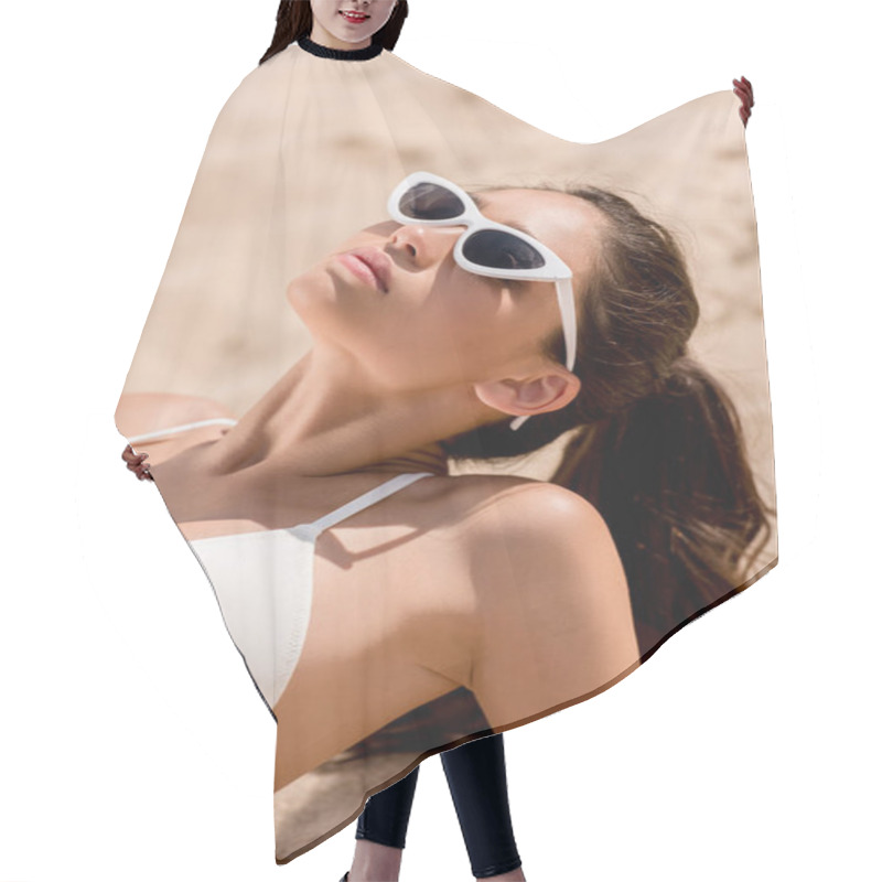 Personality  Beautiful Young Woman In Sunglasses And White Bikini Sunbathing On Sand Hair Cutting Cape