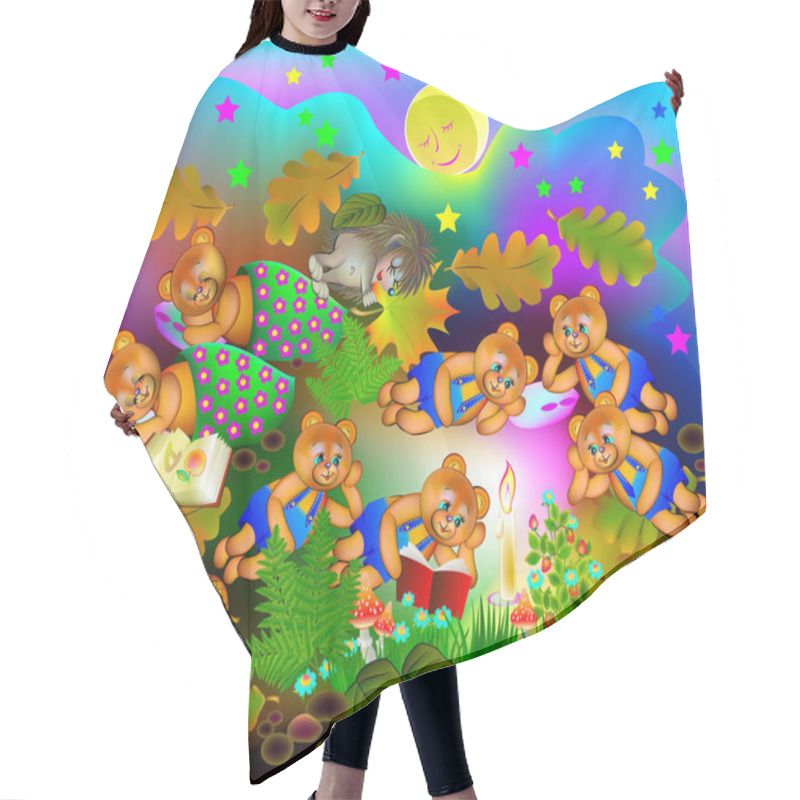 Personality  Illustration Of Little Teddy Bears Reading The Book At Night, Vector Cartoon Image. Hair Cutting Cape