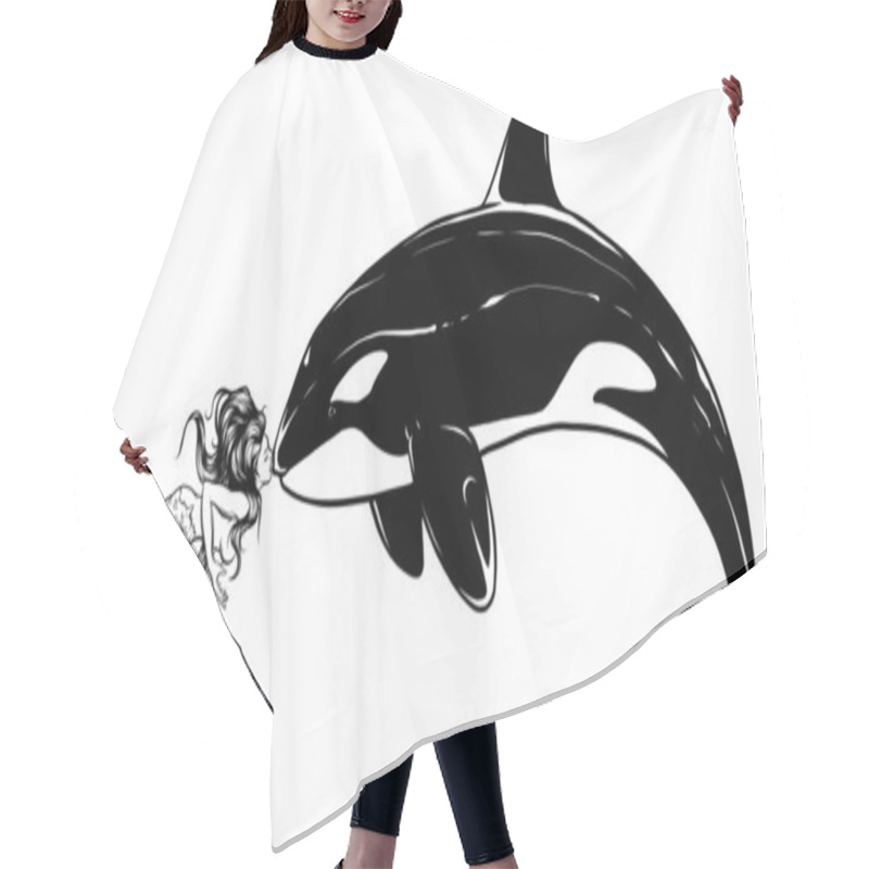 Personality  Monochrome Drawing Of A Jumping Orca Whale In Black And White. Illustrarion. Hair Cutting Cape