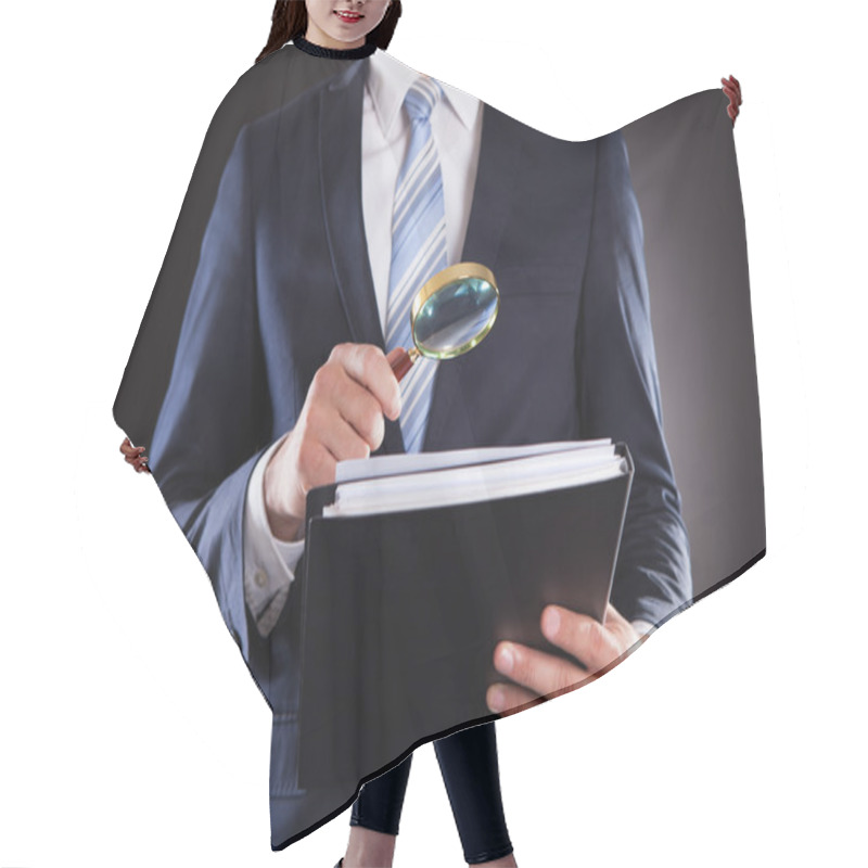 Personality  Businessman Examining Documents With Magnifying Glass Hair Cutting Cape