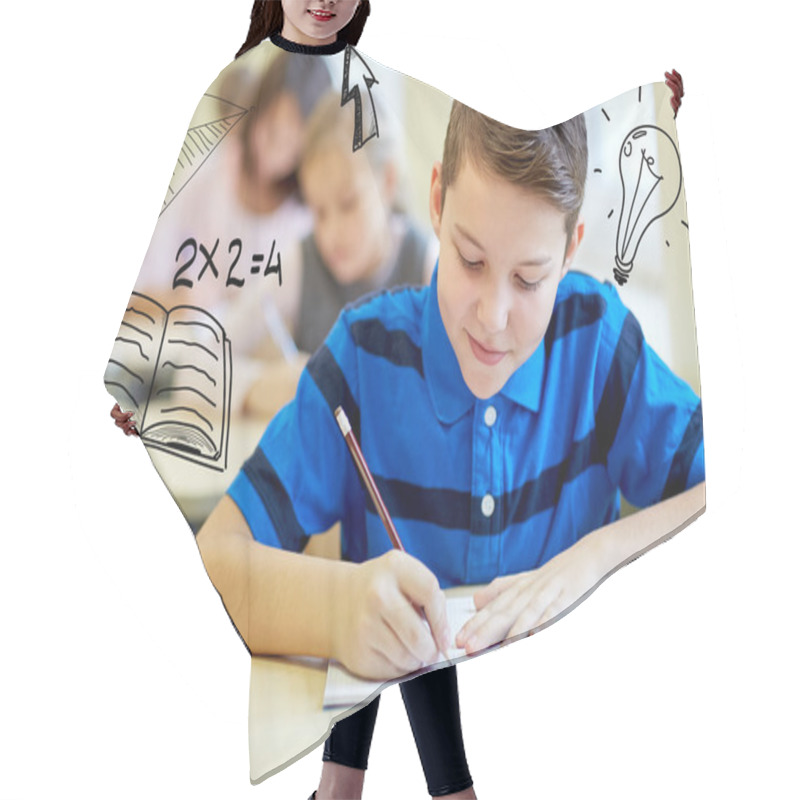 Personality  Group Of School Kids Writing Test In Classroom Hair Cutting Cape