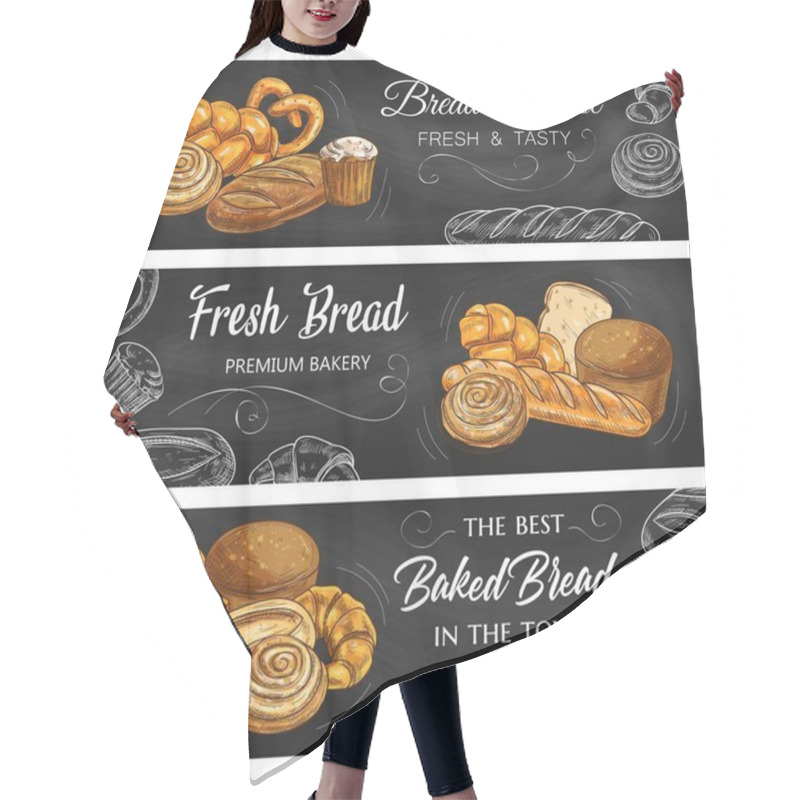 Personality  Bread And Pastry Chalkboard Sketch Vector Banners. Bakery Shop Buns, Wheat And Rye Bread, Baguette And Croissant, Sweet Cupcake And Toast Loaf With Pretzel. Baked Production Chalk Sketch On Blackboard Hair Cutting Cape