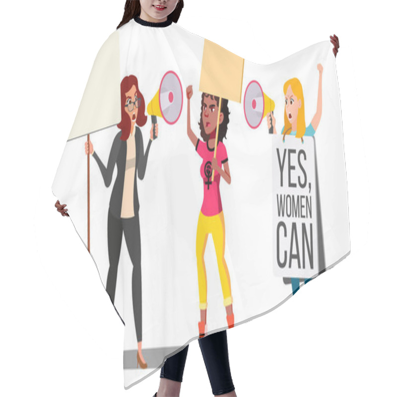 Personality  Feminist Girls At Protest Action For Women S Rights Vector. Isolated Illustration Hair Cutting Cape